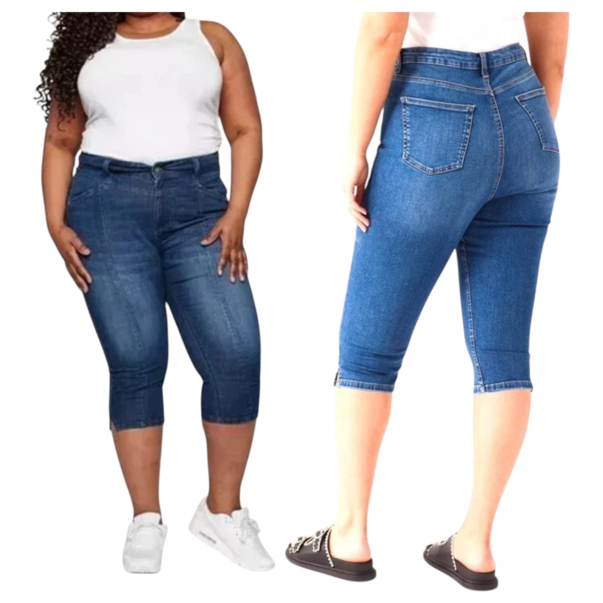 Plus size women’s 3/4 length denim blue shorts – stretchy mid-wash capri jeans with pockets, ex high street store